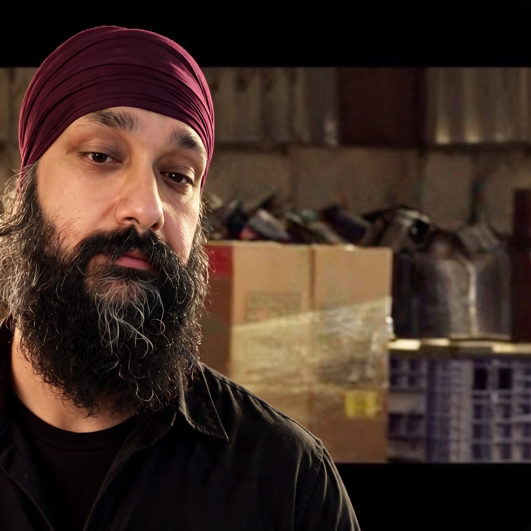 Jeff, deadpan, in a warehouse